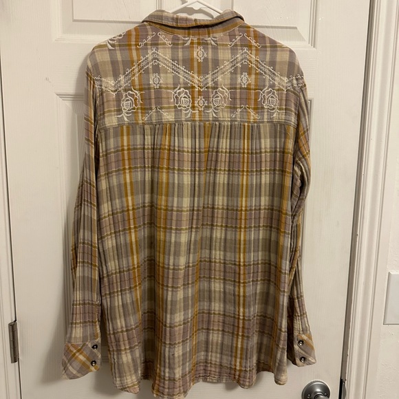 Free People Plaid Button-Up Shirt with Embroidered Details, size XL - Picture 5 of 9